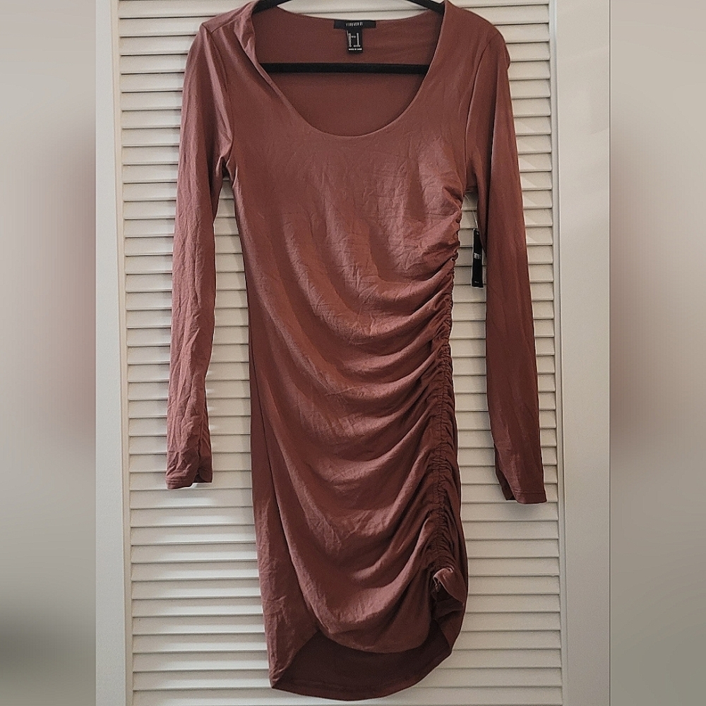 Forever 21 - (NWT) Brownish Red Long-Sleeve Dress With Ruched Side Detail